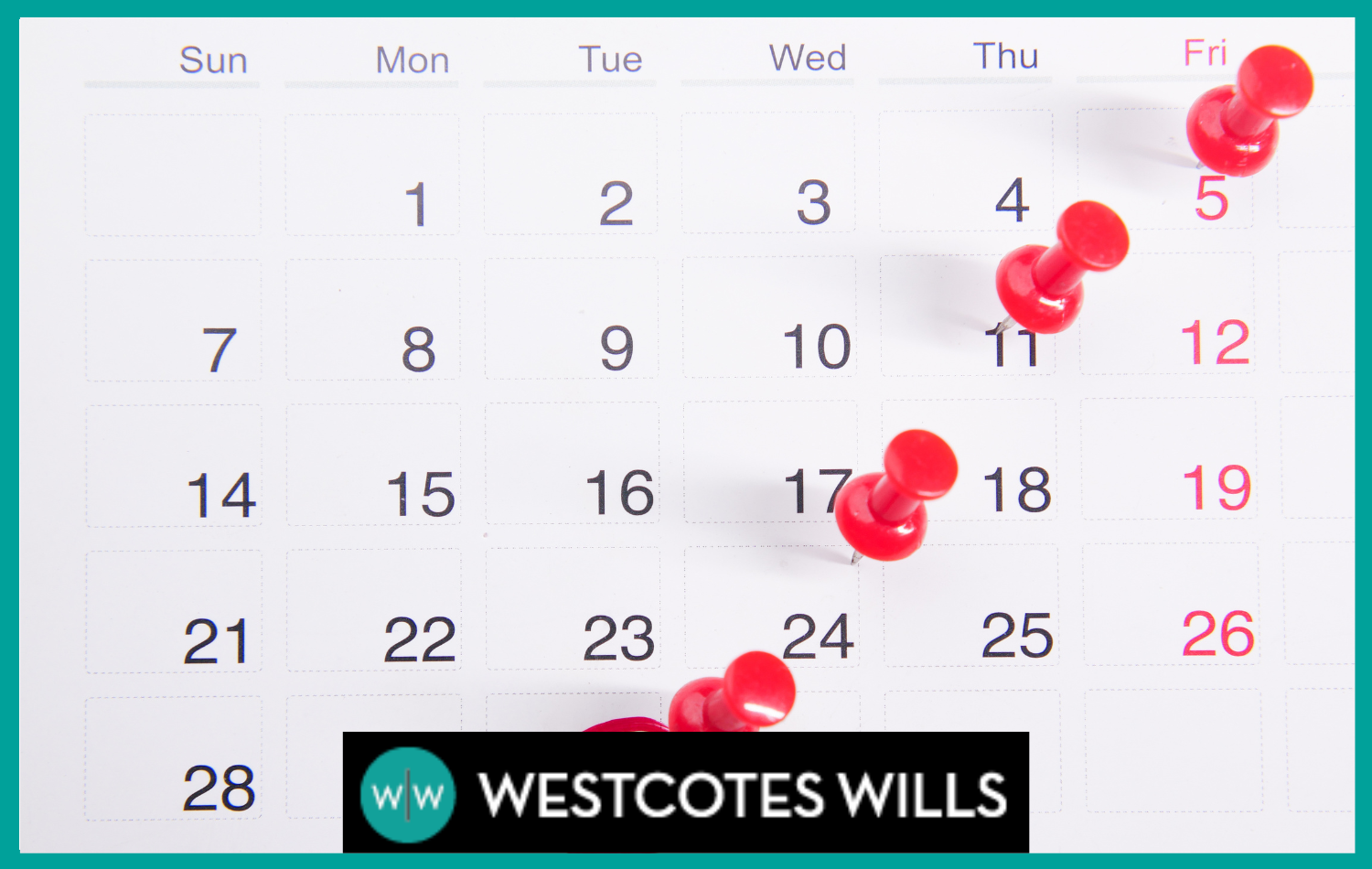 Reviewing your will - image shows a calendar with red push pins.